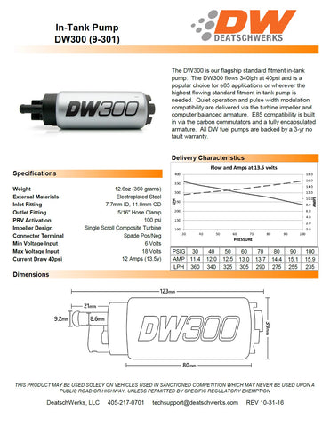 DeatschWerks  (9-301-1000) 340 LPH In-Tank Fuel Pump with Installation Kit